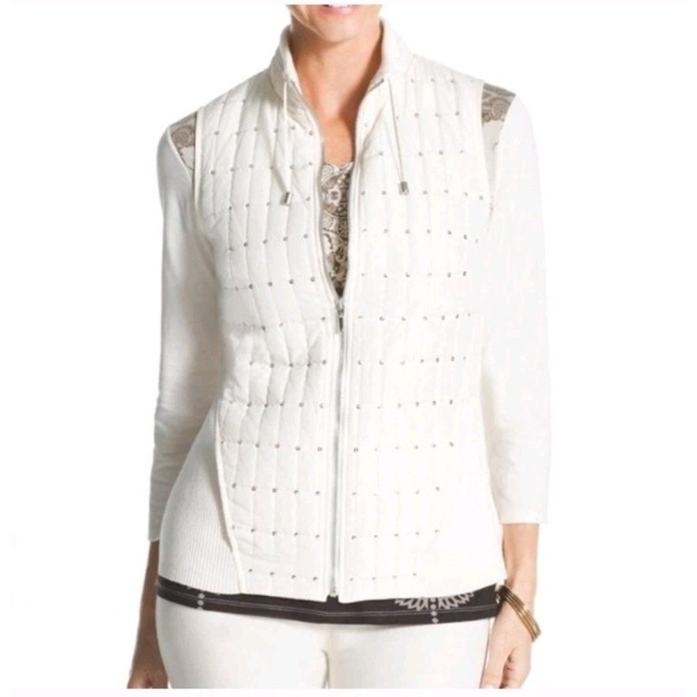 Chico's Collections‎ Embellished Sequin Cream Quilted Vest Size 2 EXCELLENT